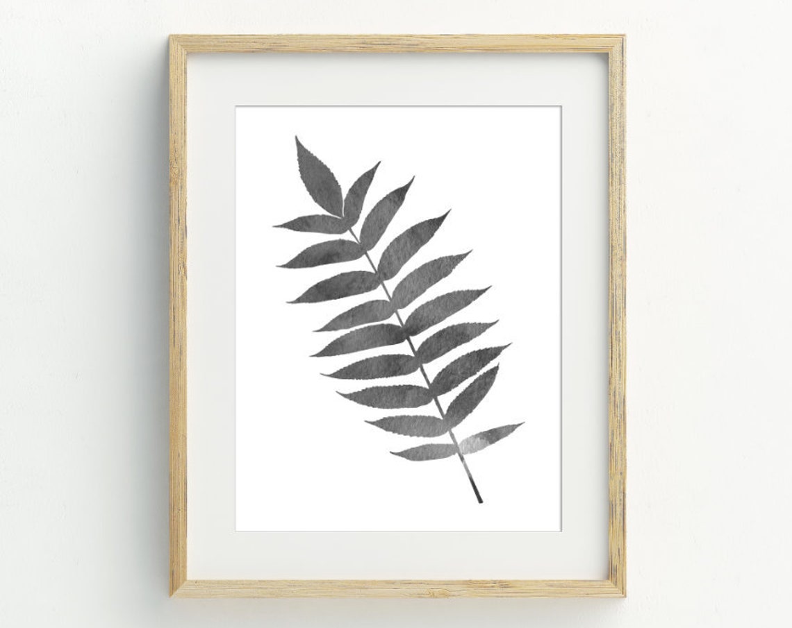 Black Fern Leaf Watercolor Minimalist Botanical Branch Wall Art Print