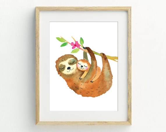 Mom And Baby Sloth Sleeping Watercolor Print Sweet Nursery Animal Wall Art