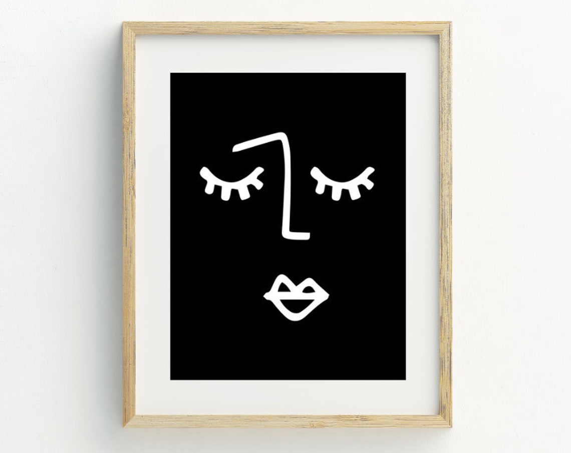 Abstract Sleeping Face Line Art Black White Minimalist Wall Art Print