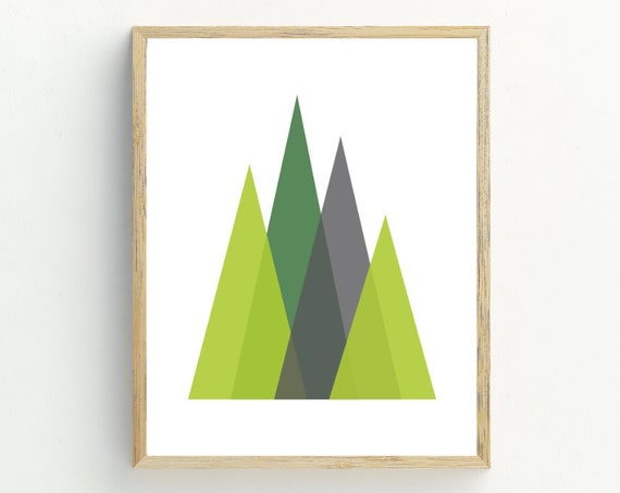 Green And Grey Geometric Art Print Triangle Mountains Wall Decor Instant Art Contemporary Wall Decor 5x7 8x10 11x14