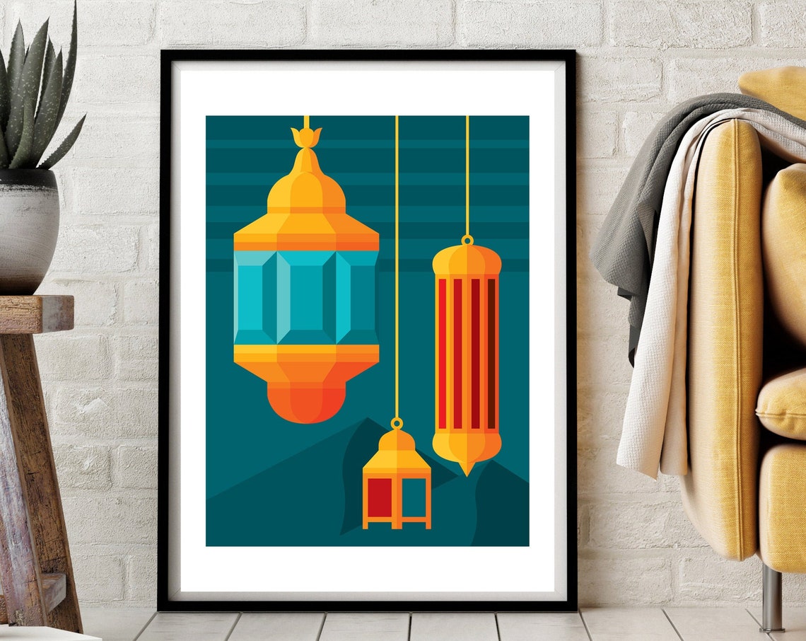 Marrakech Moroccan Lanterns Geometric Teal Boho Wall Poster Art
