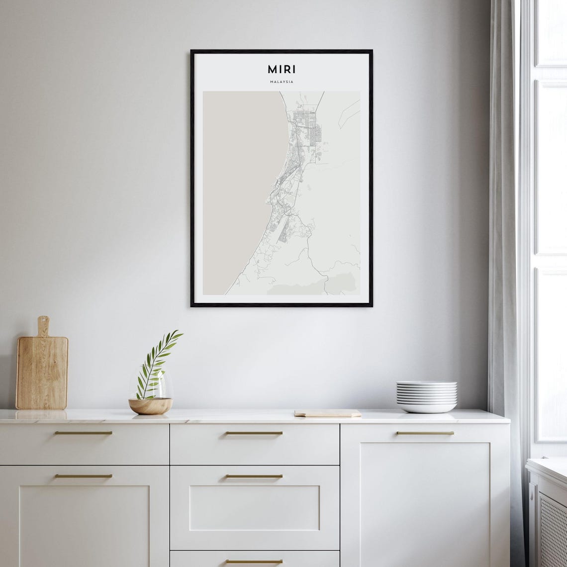 Miri Malaysia Minimalist Light Gray South China Sea Coastal Map Poster - Image 2