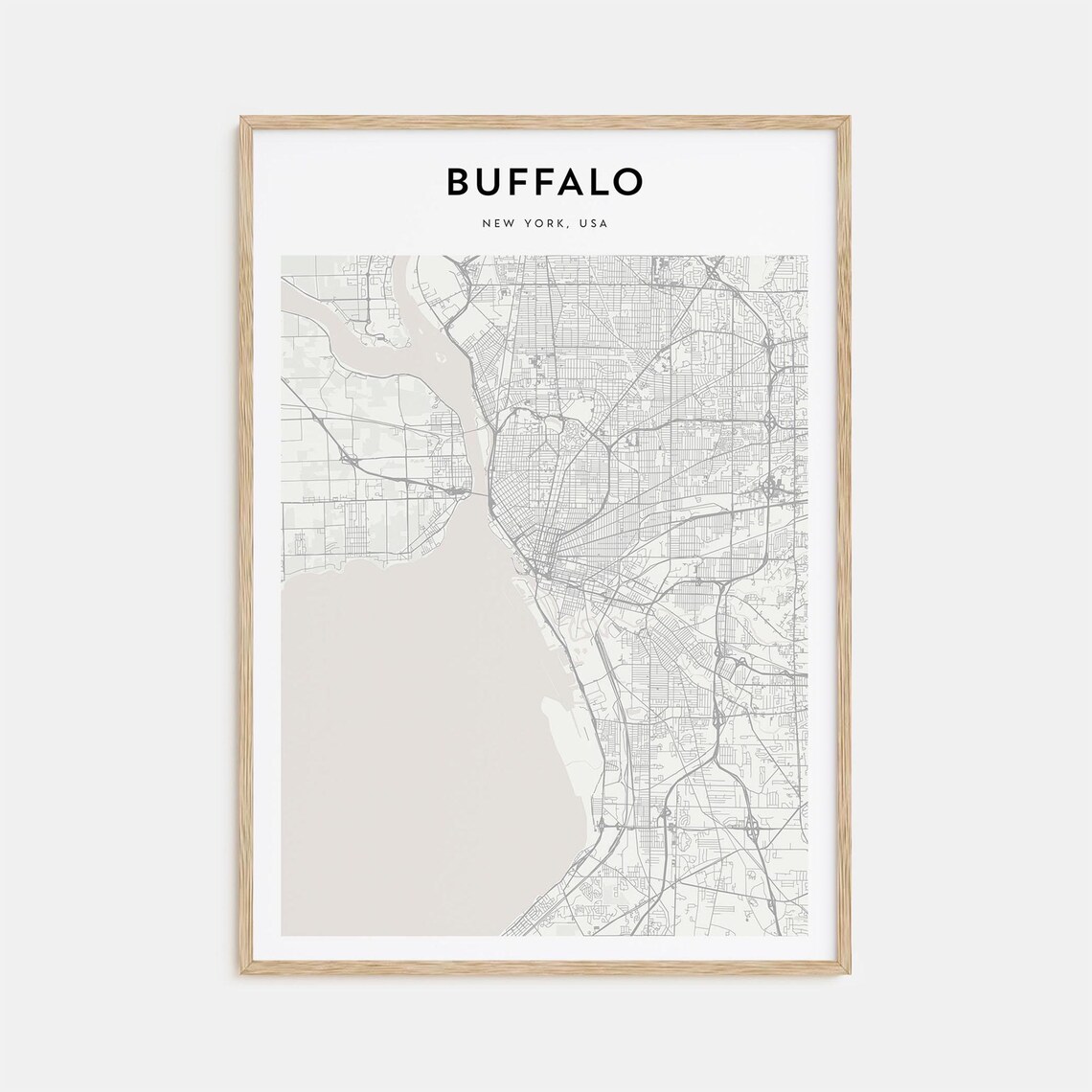 Minimalist Buffalo New York City Street Map Poster in Neutral Gray Tones