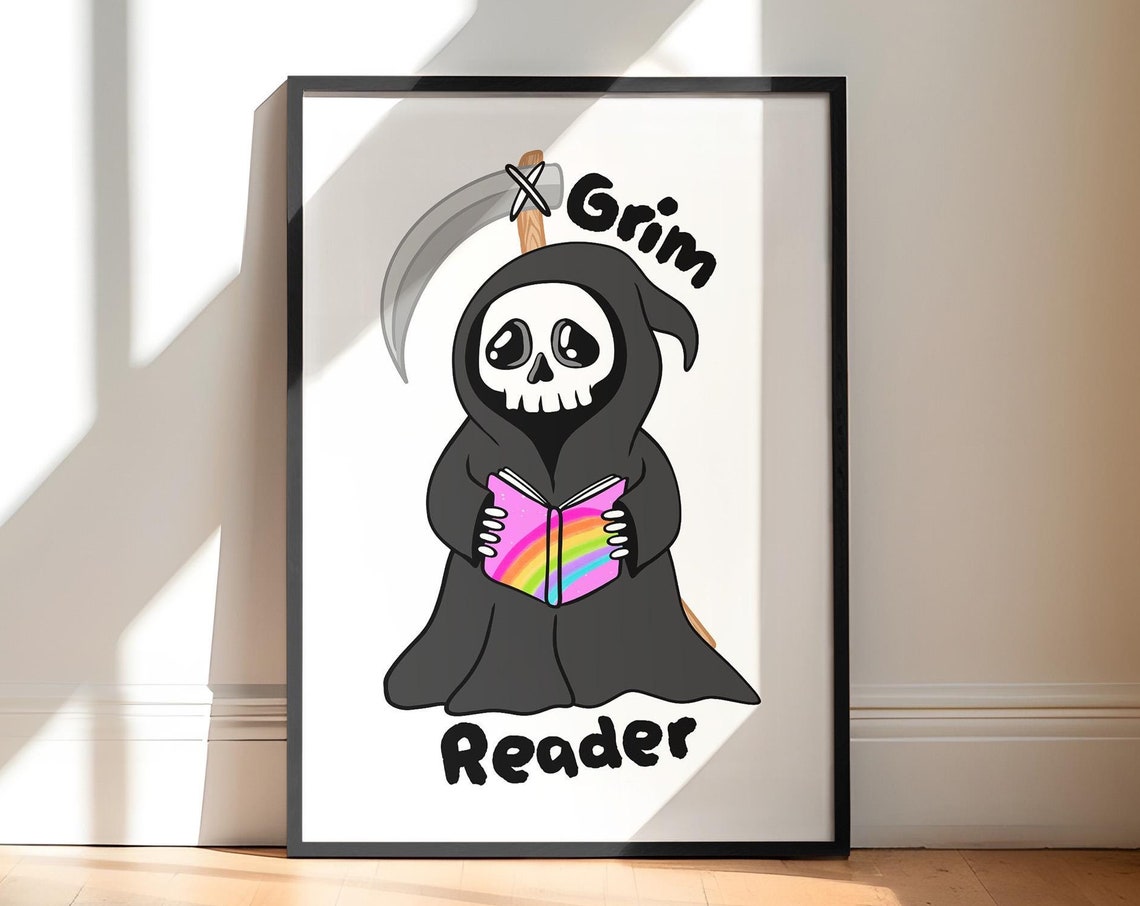 Grim Reader Cute Reaper With Rainbow Book Halloween Wall Poster