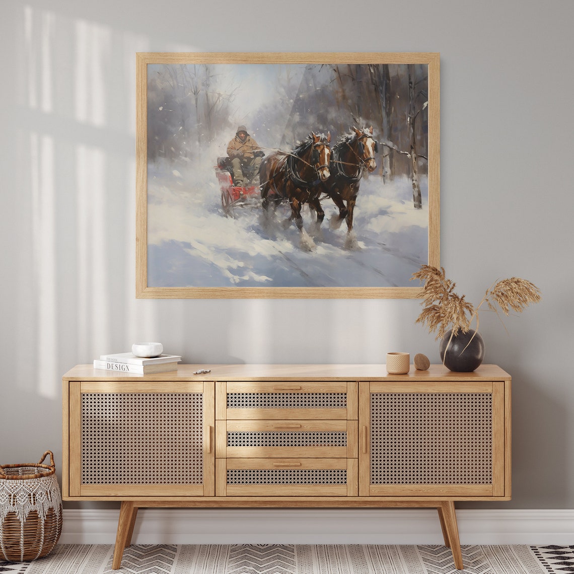 Two Horses Drawn Red Sleigh Ride Snowy Woods Winter Scene Poster - Image 2
