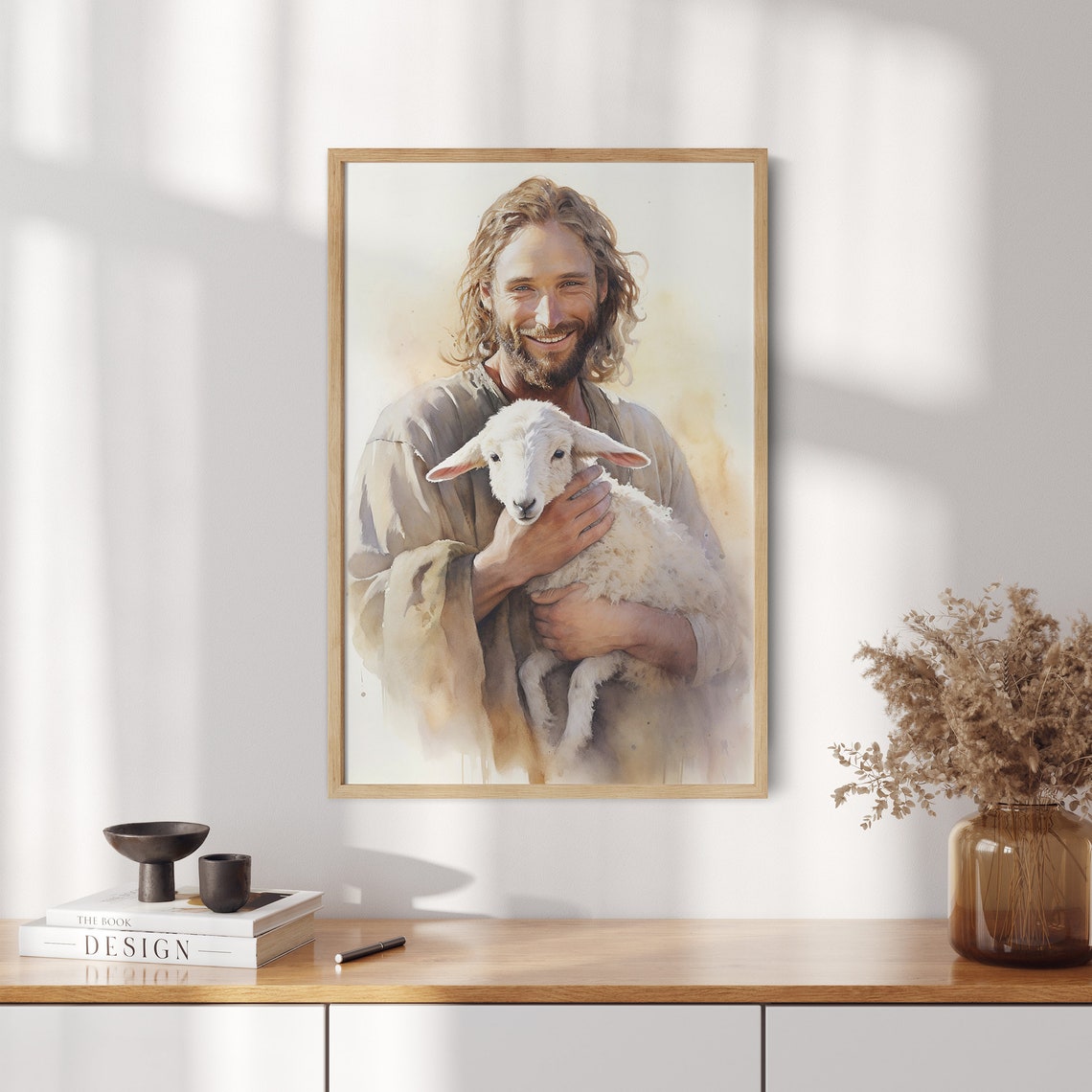 Smiling Jesus Holding a Lamb Soft Watercolor Christian Faith Poster - Image 2