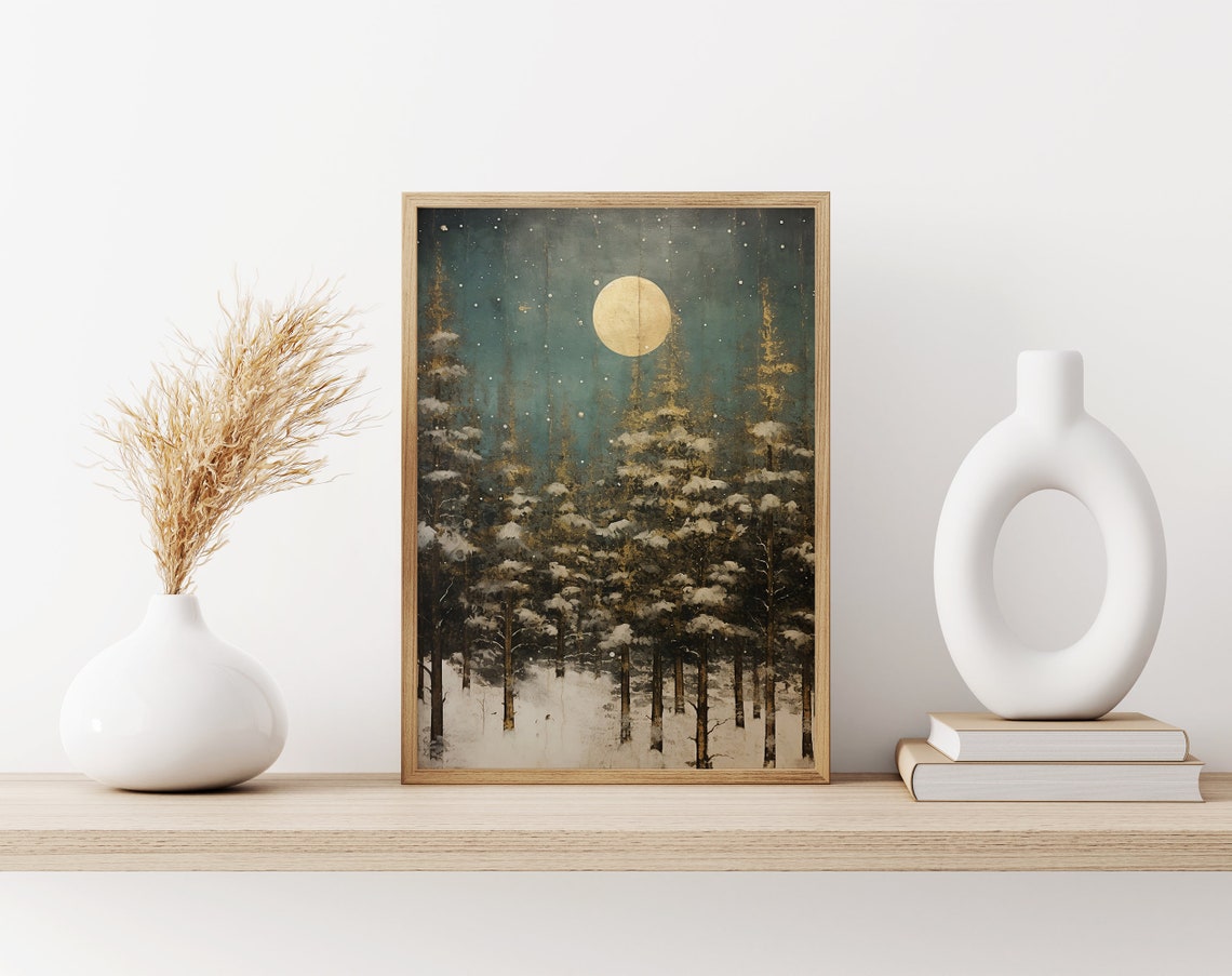 Moonlit Snowy Pine Forest Golden Moon Vintage Winter Night Poster - Image 3