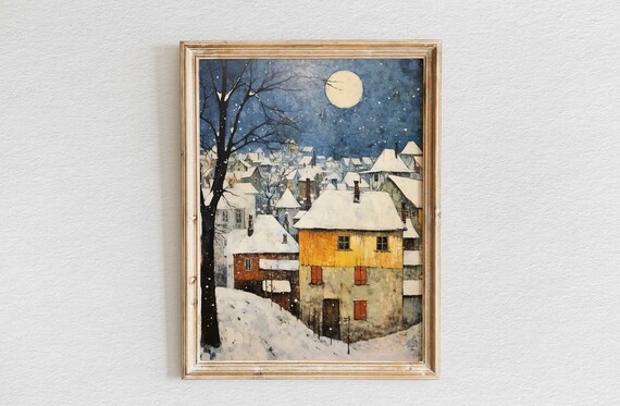 Moonlit Snowy Village Full Moon Night Winter Town Scene Poster
