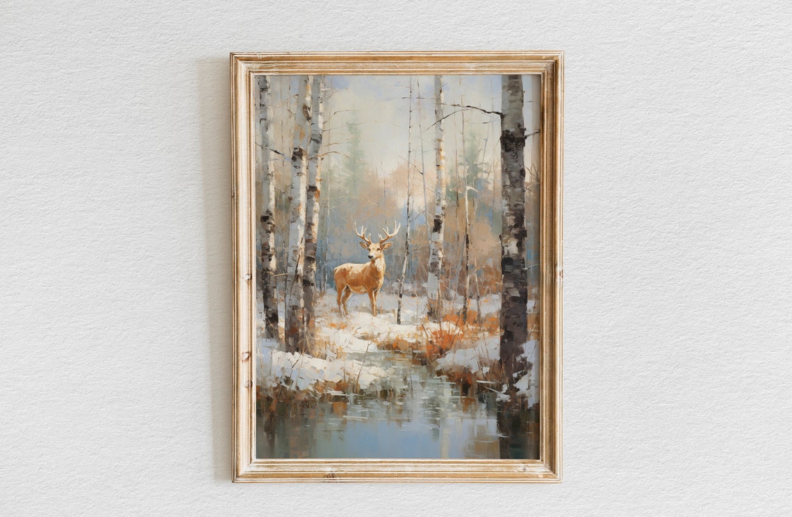 Lone Deer by Stream Snowy Birch Forest Winter Wildlife Poster