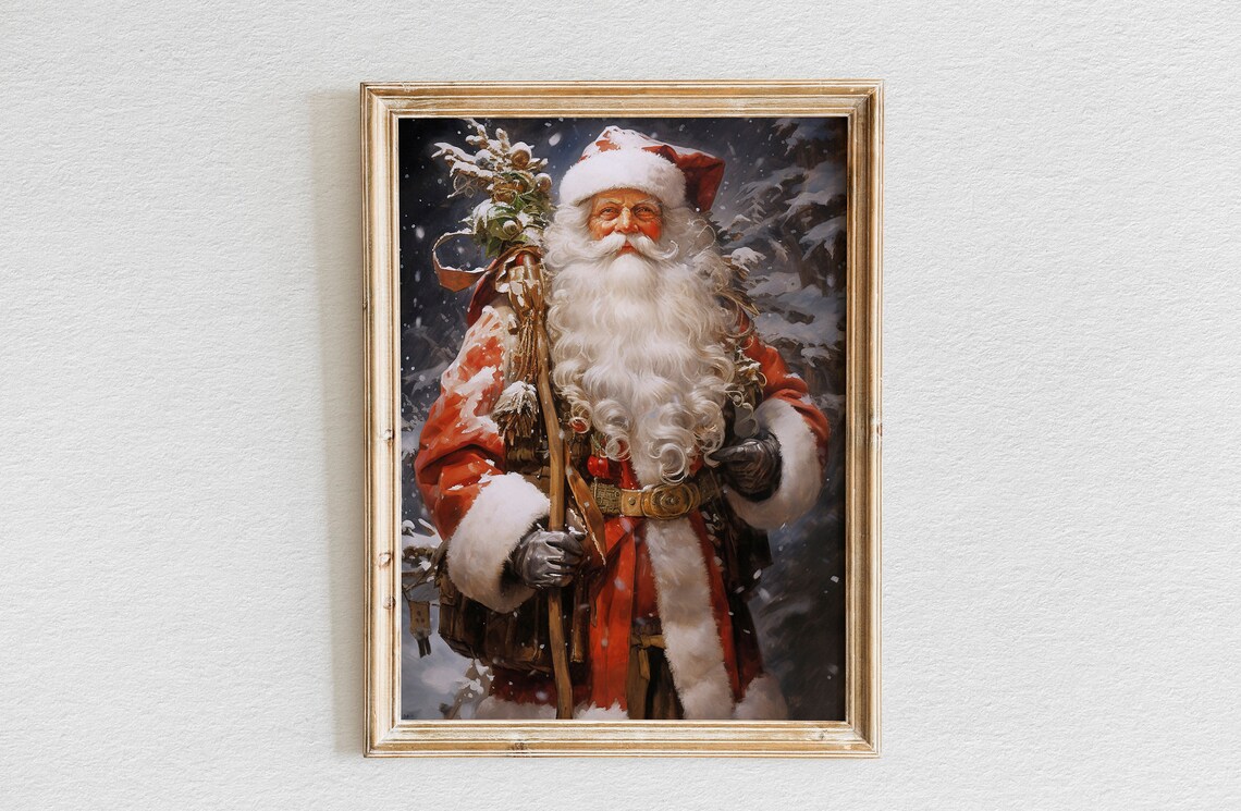 Santa Claus With Toy Sack Staff Snowy Night Christmas Poster