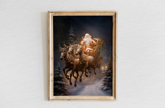 Santa Claus in a Horse Drawn Sleigh Riding Through the Night Poster