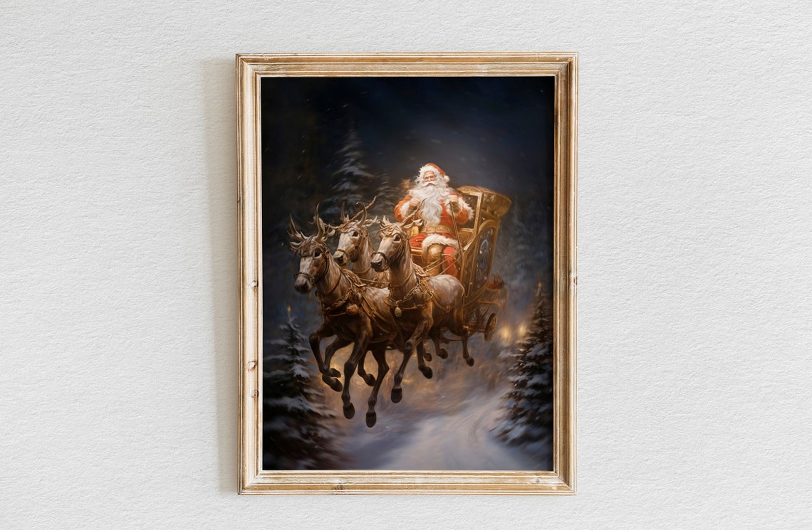 Santa Claus in a Horse Drawn Sleigh Riding Through the Night Poster