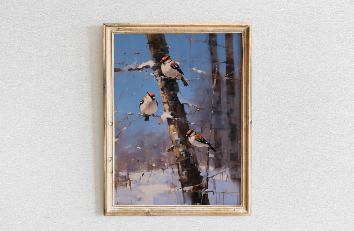 Three Small Birds Perched on a Snowy Birch Tree Trunk Poster