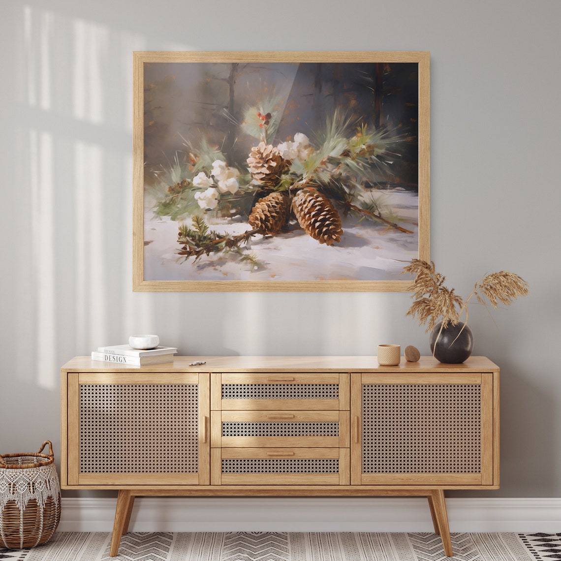 Pinecones Cotton and Frosted Branches in Snow Winter Still Life Poster - Image 2