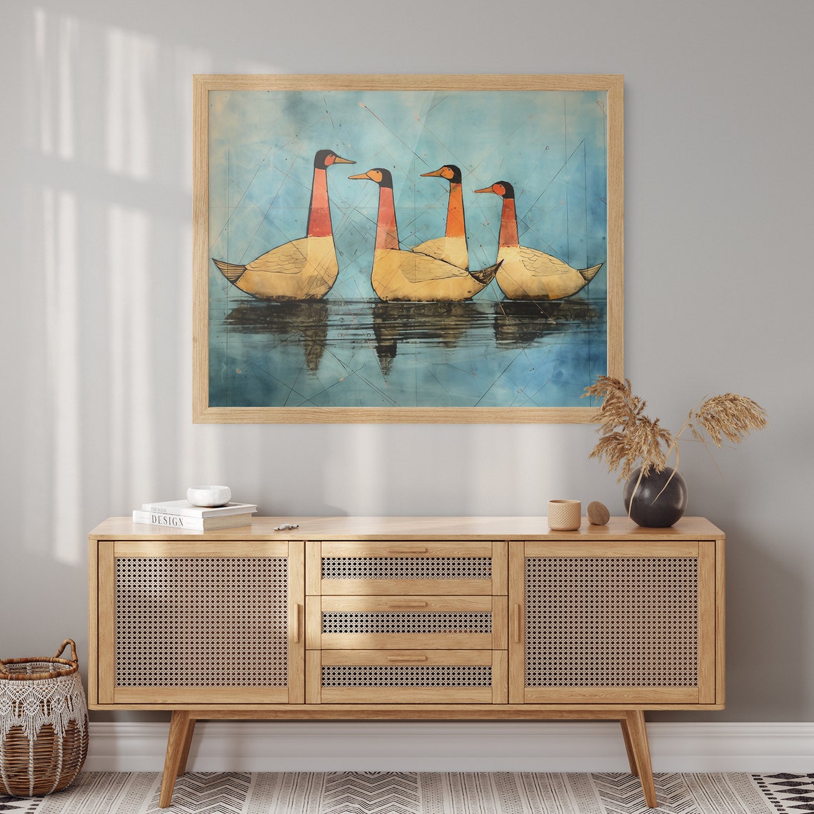 Four Stylized Geese on Blue Water Paul Klee Inspired Modern Poster - Image 2