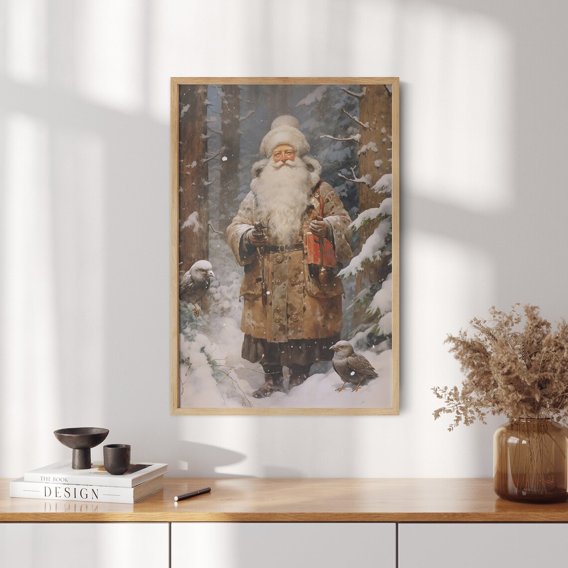 Santa Claus Standing in Snowy Pine Forest Vintage Christmas Poster - Image 2