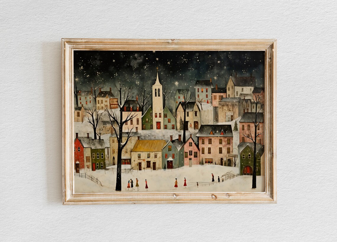 Starry Night Snowy Village Church Folk Art Christmas Scene Poster