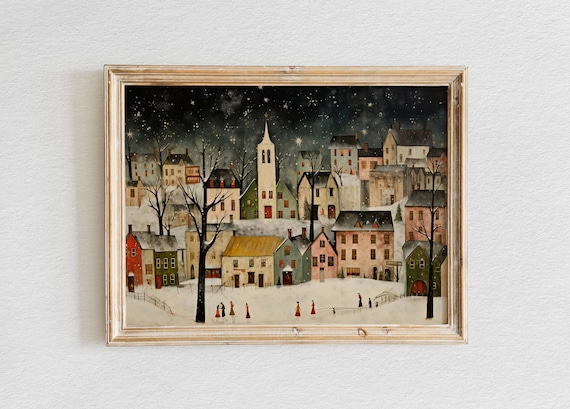 Starry Night Snowy Village Church Folk Art Christmas Scene Poster