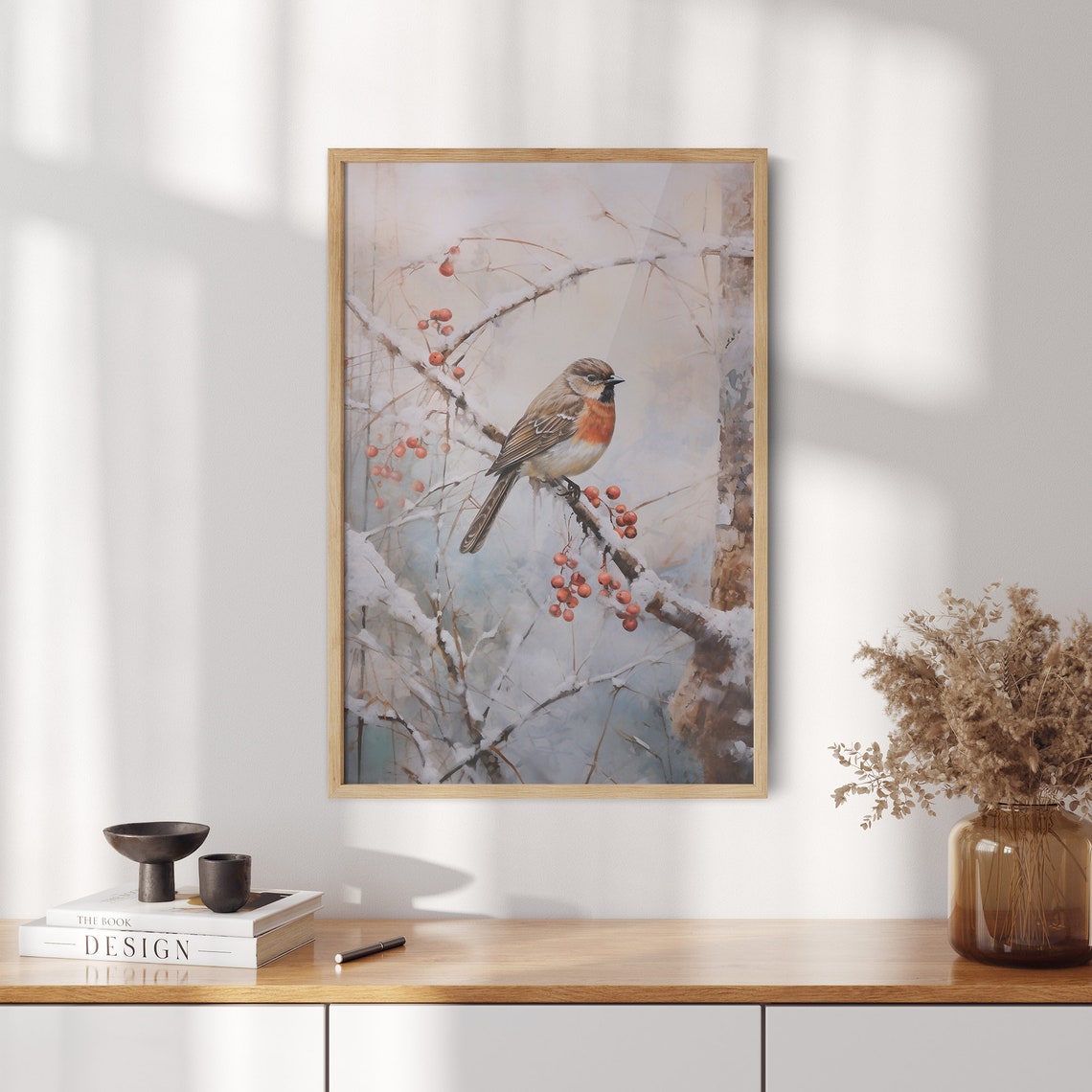 Robin Perched on a Snowy Branch with Red Winter Berries Poster - Image 2