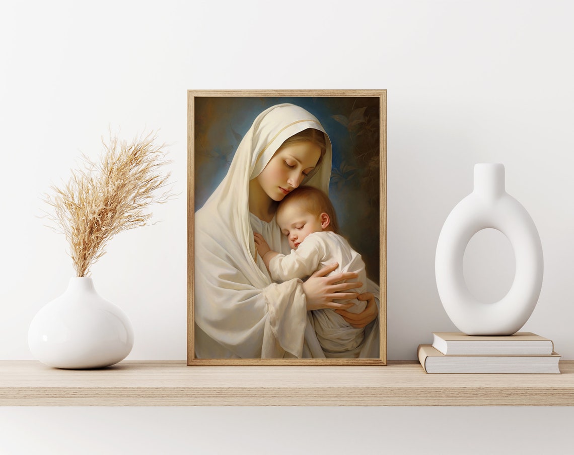 Virgin Mary Holding Baby Jesus Sleeping Child Catholic Art Poster - Image 3