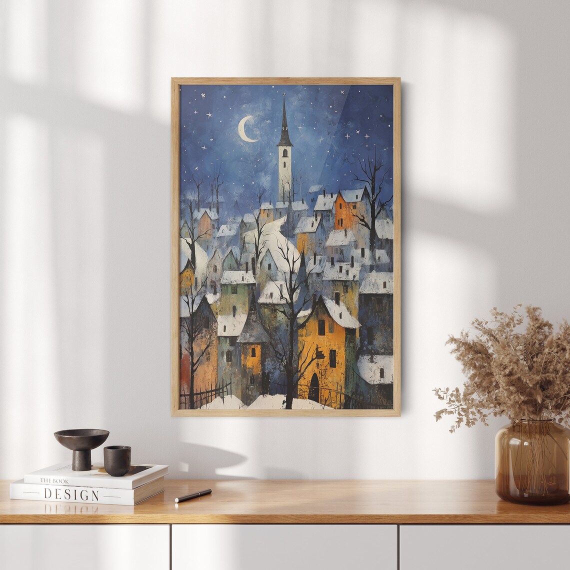 Snow Covered Village at Night with Church Steeple and Crescent Moon Poster - Image 2