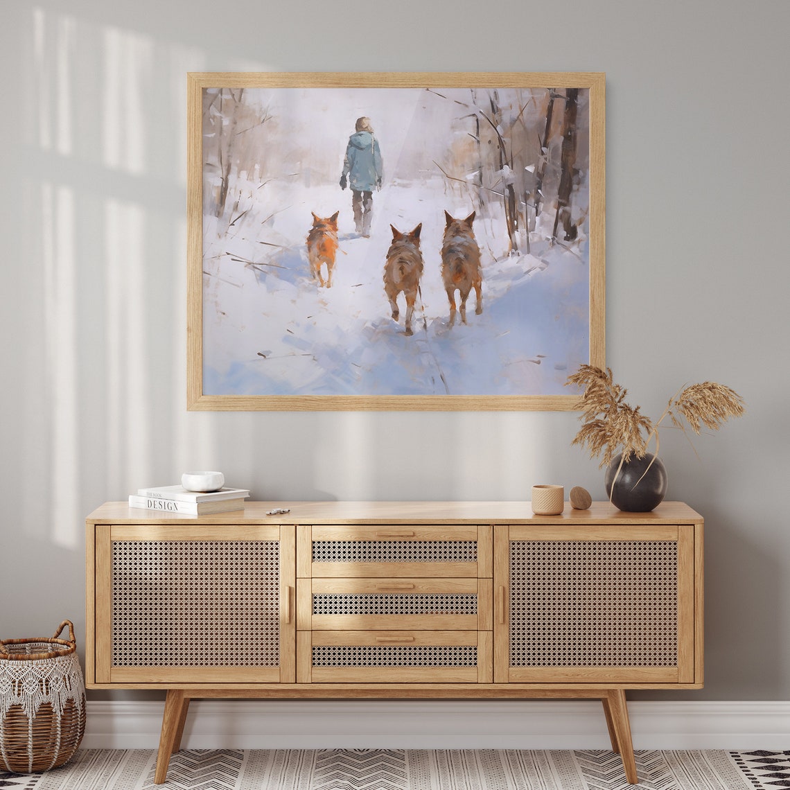 Person Walking Three Dogs Through a Snowy Winter Forest Poster - Image 2