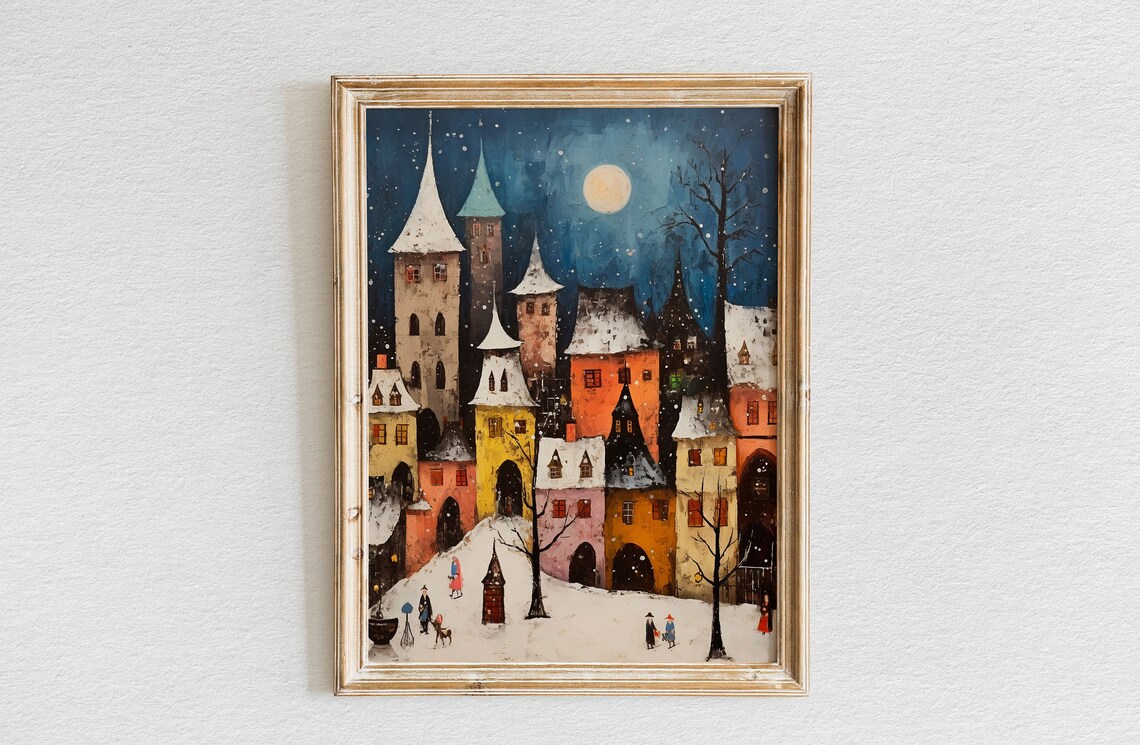 Whimsical Old Town of Colorful Towers Under Full Moon Snowy Night Poster
