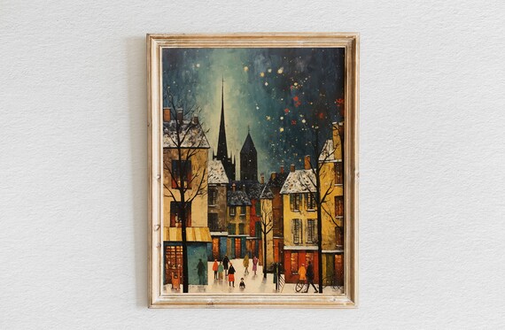 Snowy Paris Square Starry Night Church Spires Winter Scene Poster