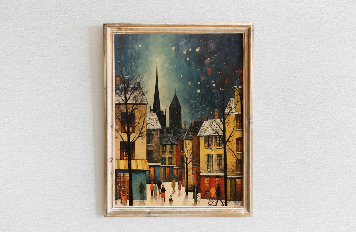 Snowy Paris Square Starry Night Church Spires Winter Scene Poster