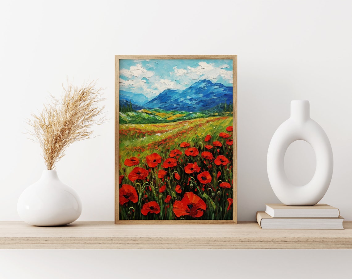 Red Poppy Field Mountain Landscape Impasto Oil Painting Scene Poster - Image 3