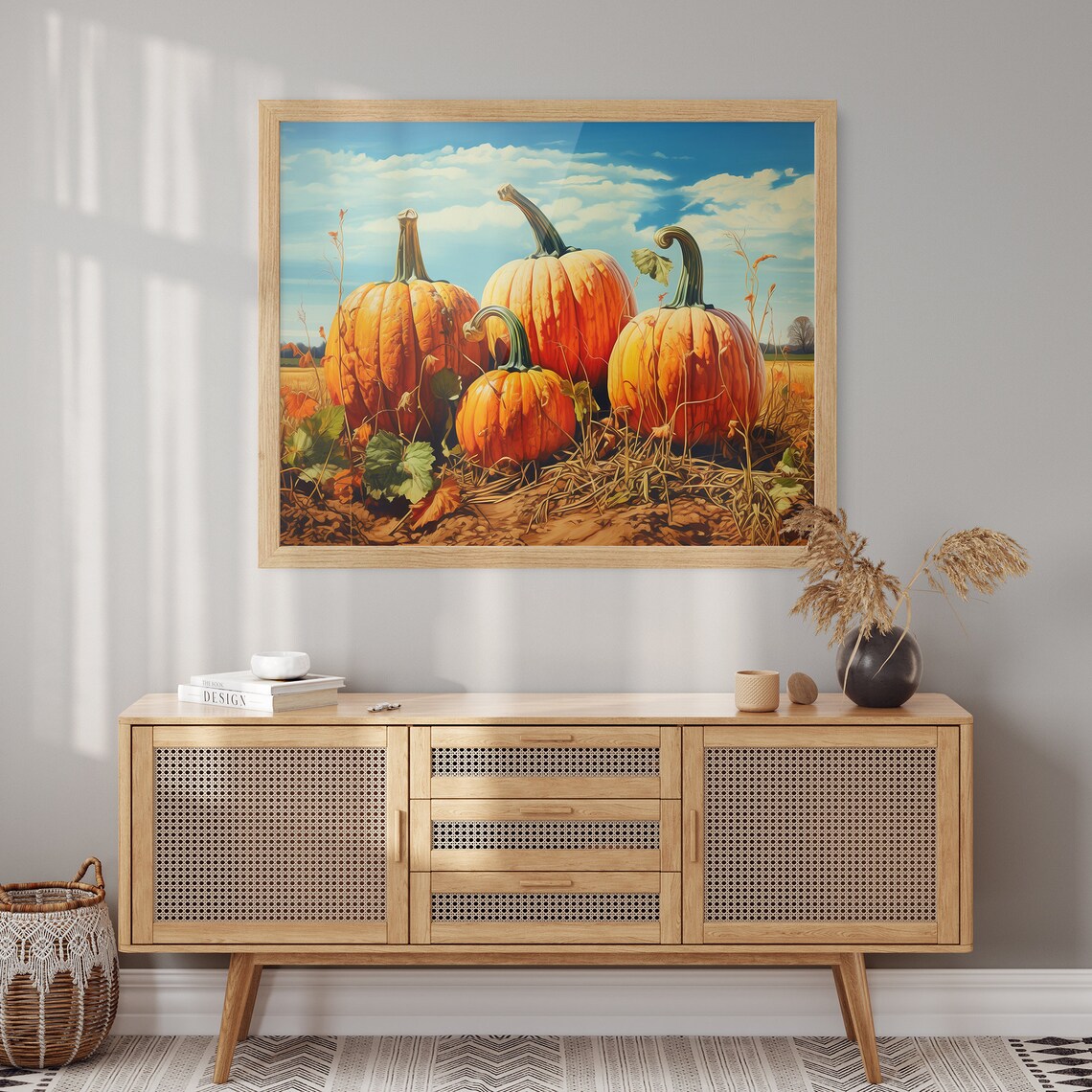 Cluster of Four Giant Orange Pumpkins in an Autumn Field Poster - Image 2