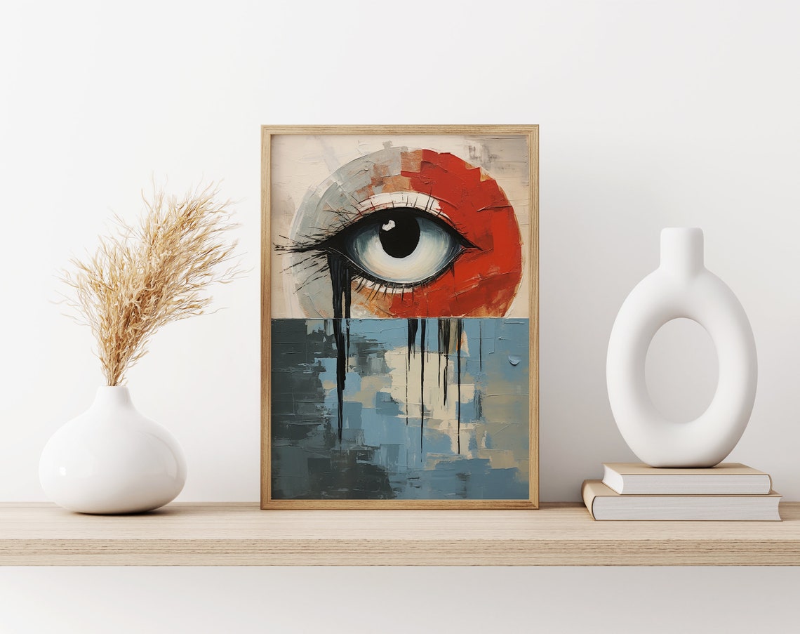 Surreal Crying Human Eye with Red Sun Disc Abstract Art Poster - Image 3
