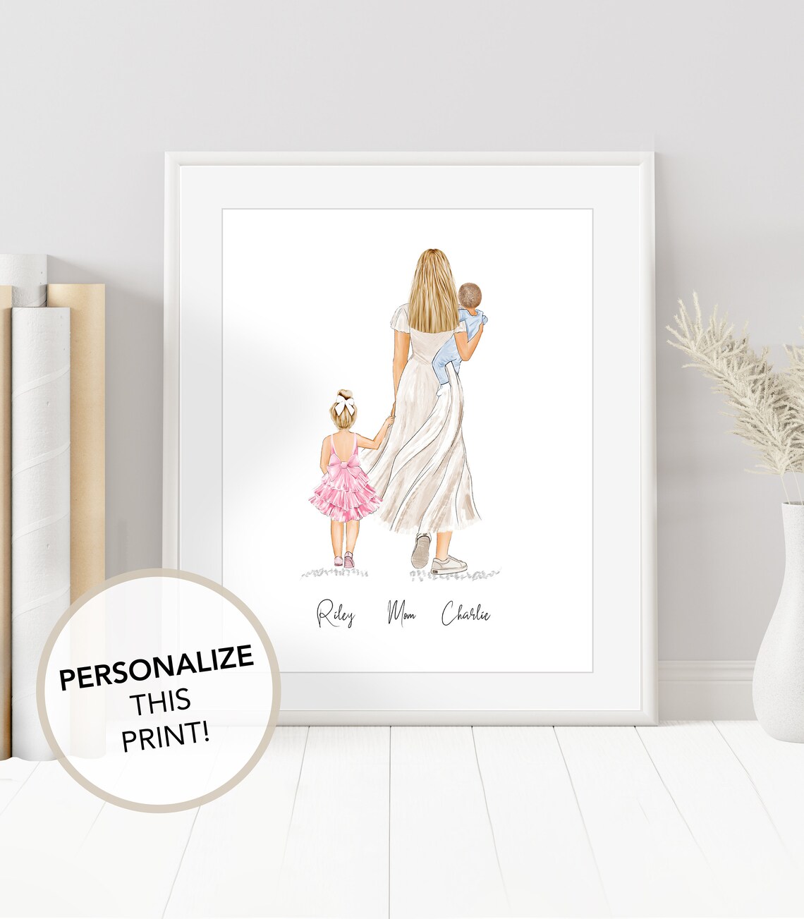 Personalized Mother and Two Children Rear View Family Art Poster - Image 2