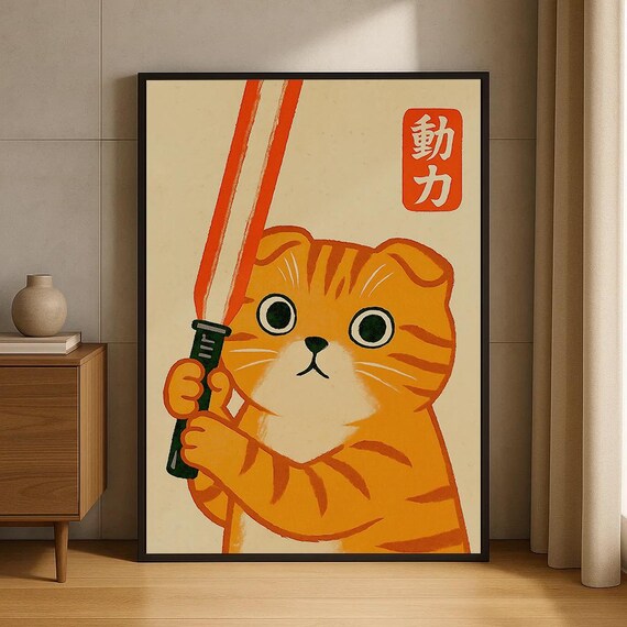 Cute Orange Cat With Red Lightsaber Japanese Kawaii Tiger Fun Art Poster
