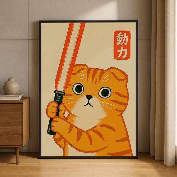 Cute Samurai Cat With Lightsaber Print Japanese Kawaii Tiger Wall Art Poster Funny Nerdy Animal Decor