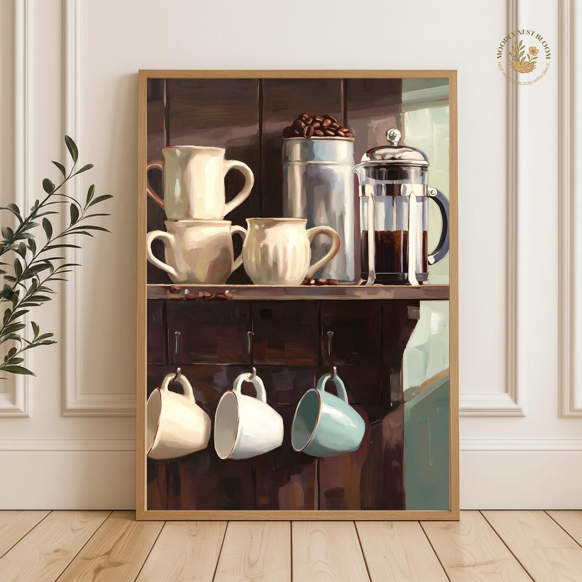Rustic Coffee Bar Shelf French Press Mugs Kitchen Painting Poster