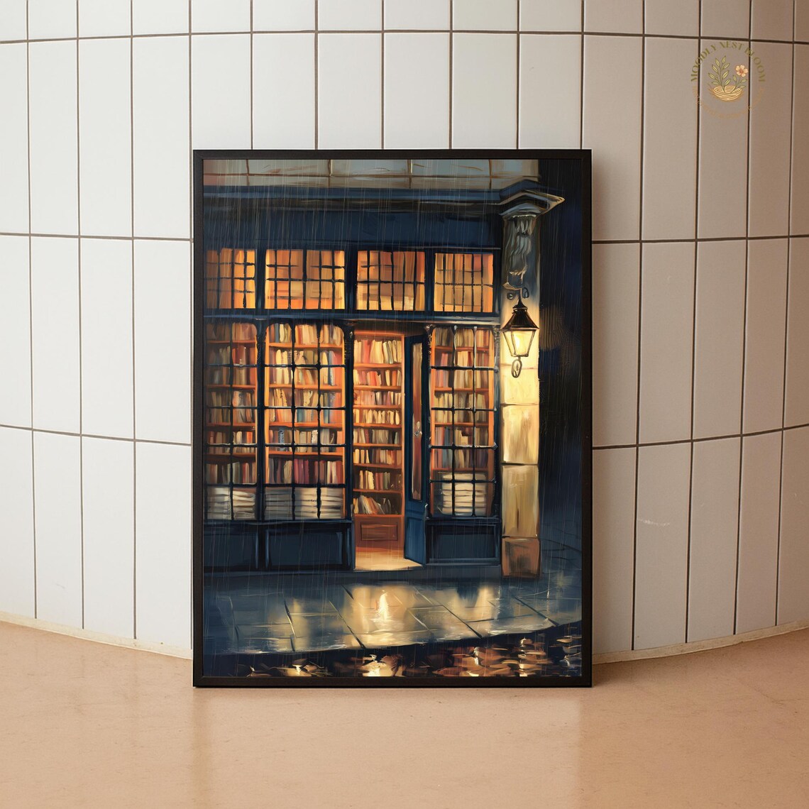 Rainy Night Bookstore Glow Bookshop Oil Painting Literary Wall Poster
