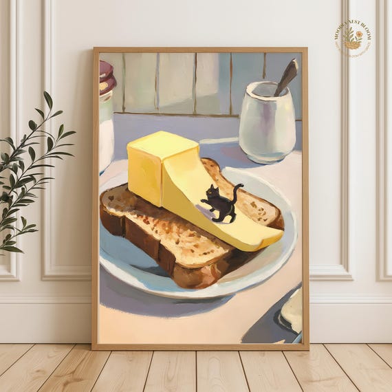 Black Cat Butter Slide Print Funny Kitchen Wall Art