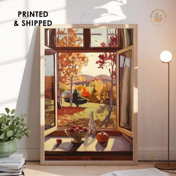 Autumn Harvest Window Apples Pumpkin Still Life Oil Art Poster