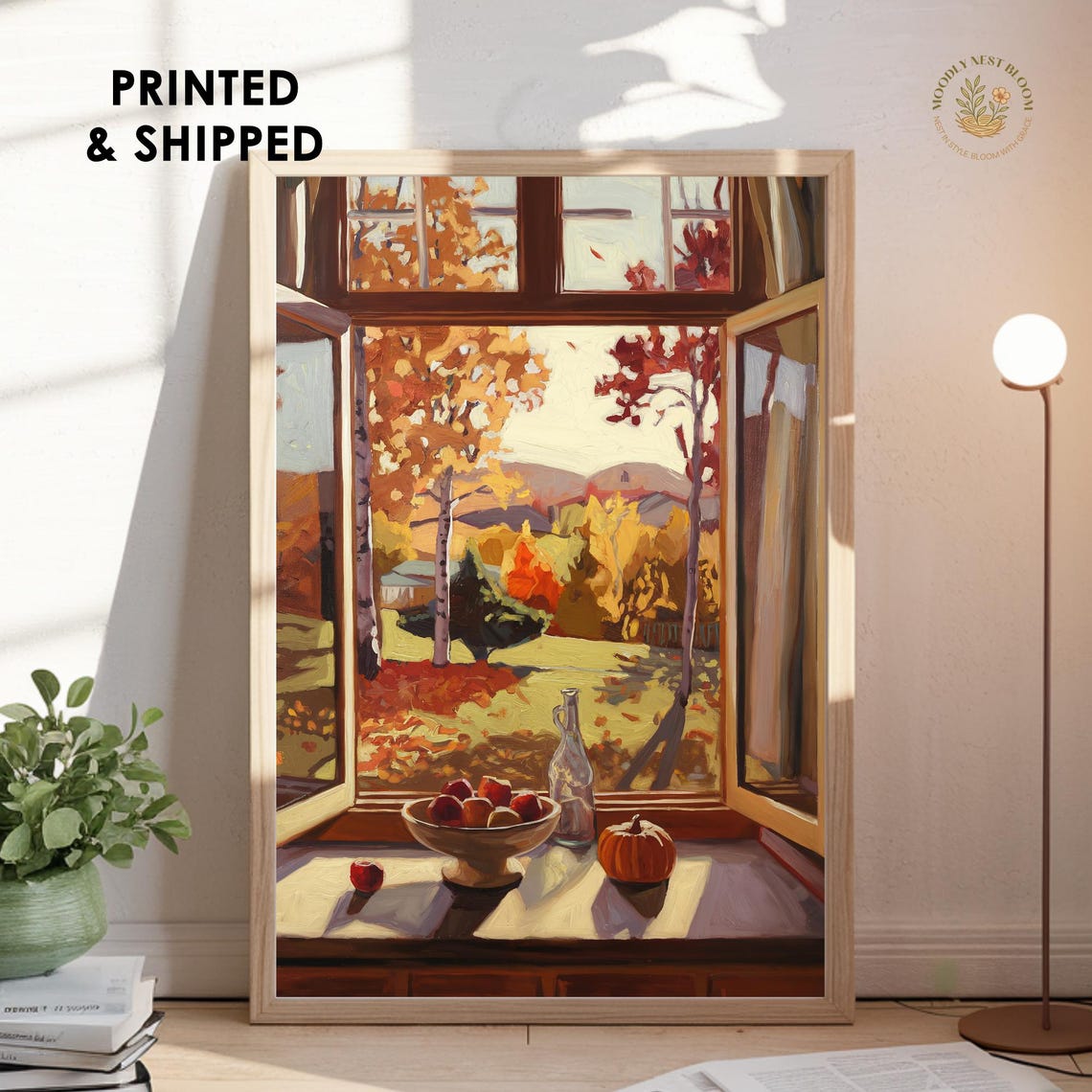 Autumn Harvest Window Apples Pumpkin Still Life Oil Art Poster