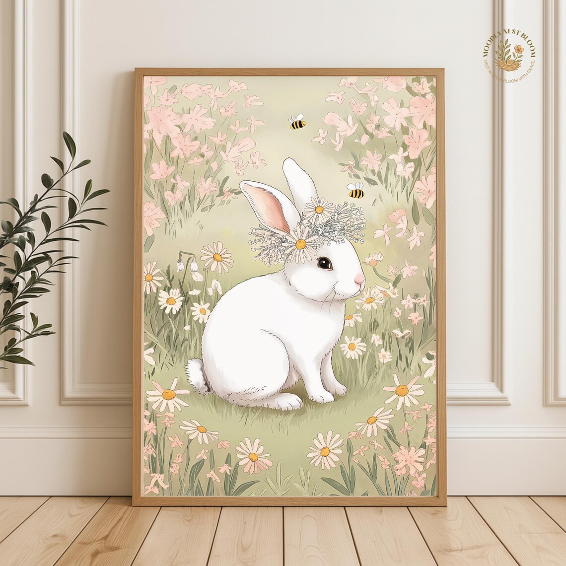 Bunny Nursery Print Floral Crown Rabbit Spring Meadow Art