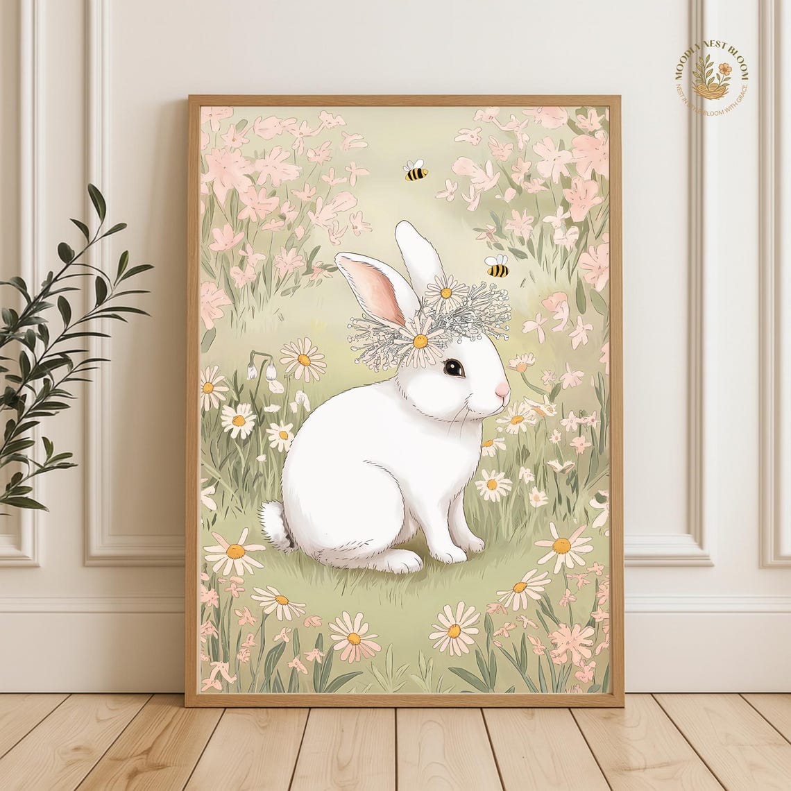 Sweet White Bunny Floral Crown Spring Meadow Nursery Wall Art
