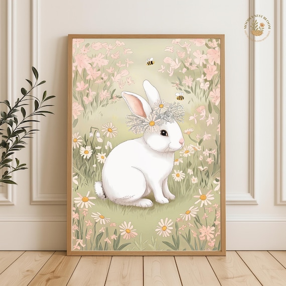 Sweet White Bunny Floral Crown Spring Meadow Nursery Wall Art