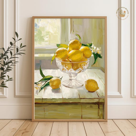 Lemon Kitchen Print Farmhouse Still Life Oil Painting Style
