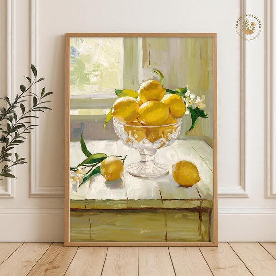 Sunlit Lemon Bowl Still Life Fresh Citrus Kitchen Painting Poster