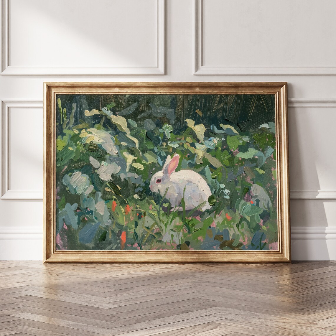 White Bunny Rabbit Lush Garden Vintage Oil Painting Wall Art - Image 7