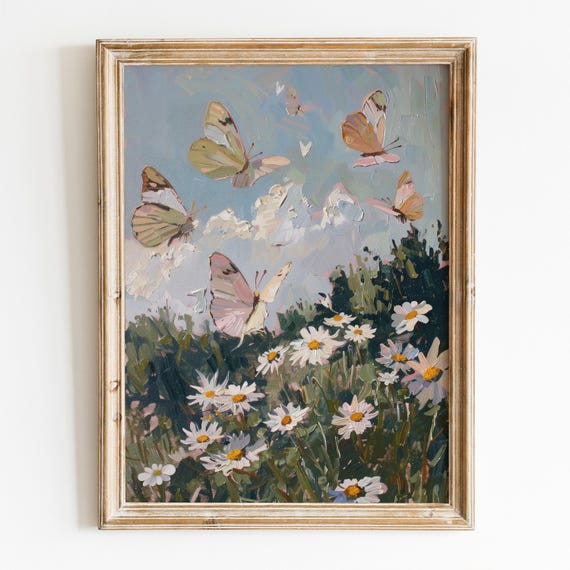 Butterfly and Daisy Spring Flower Poster, Farmhouse