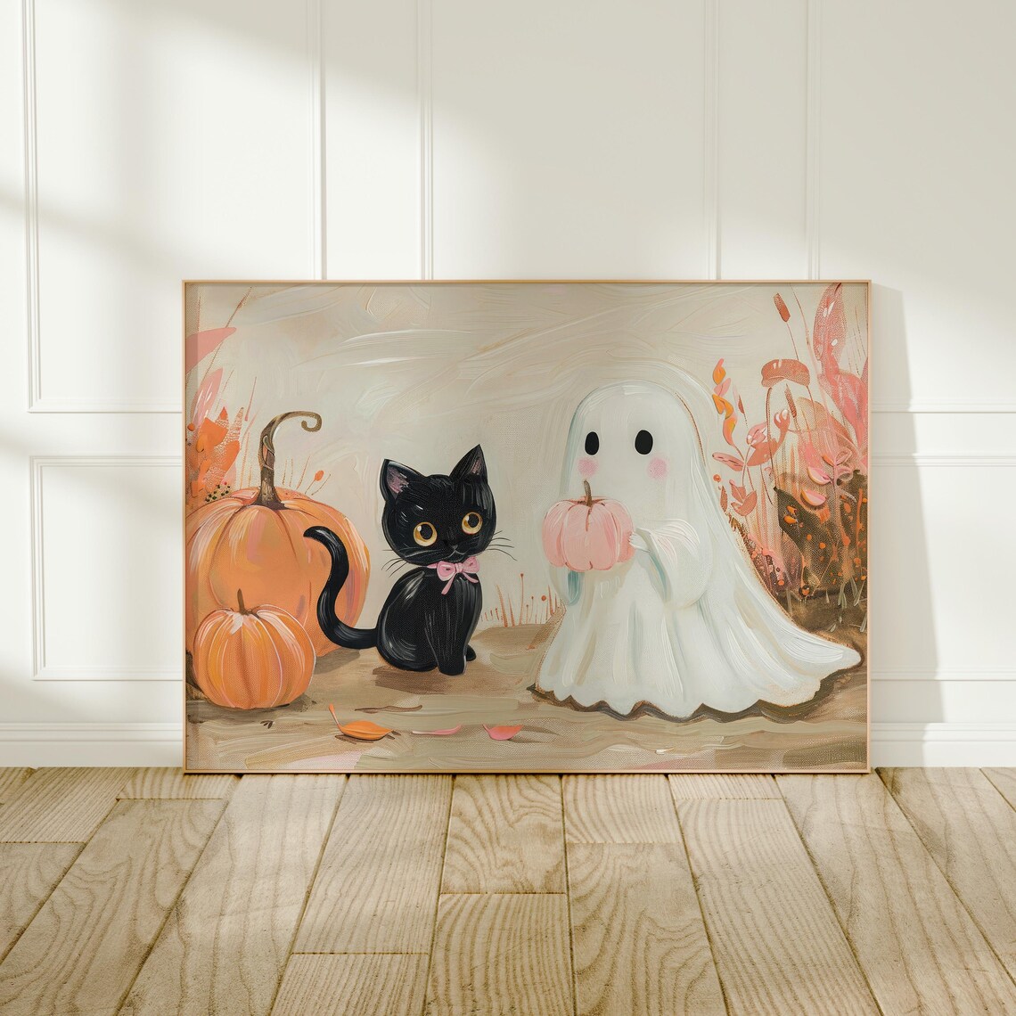 Cute Ghost Black Cat Pumpkins Halloween Friends Pink Bow Nursery Wall Poster - Image 4