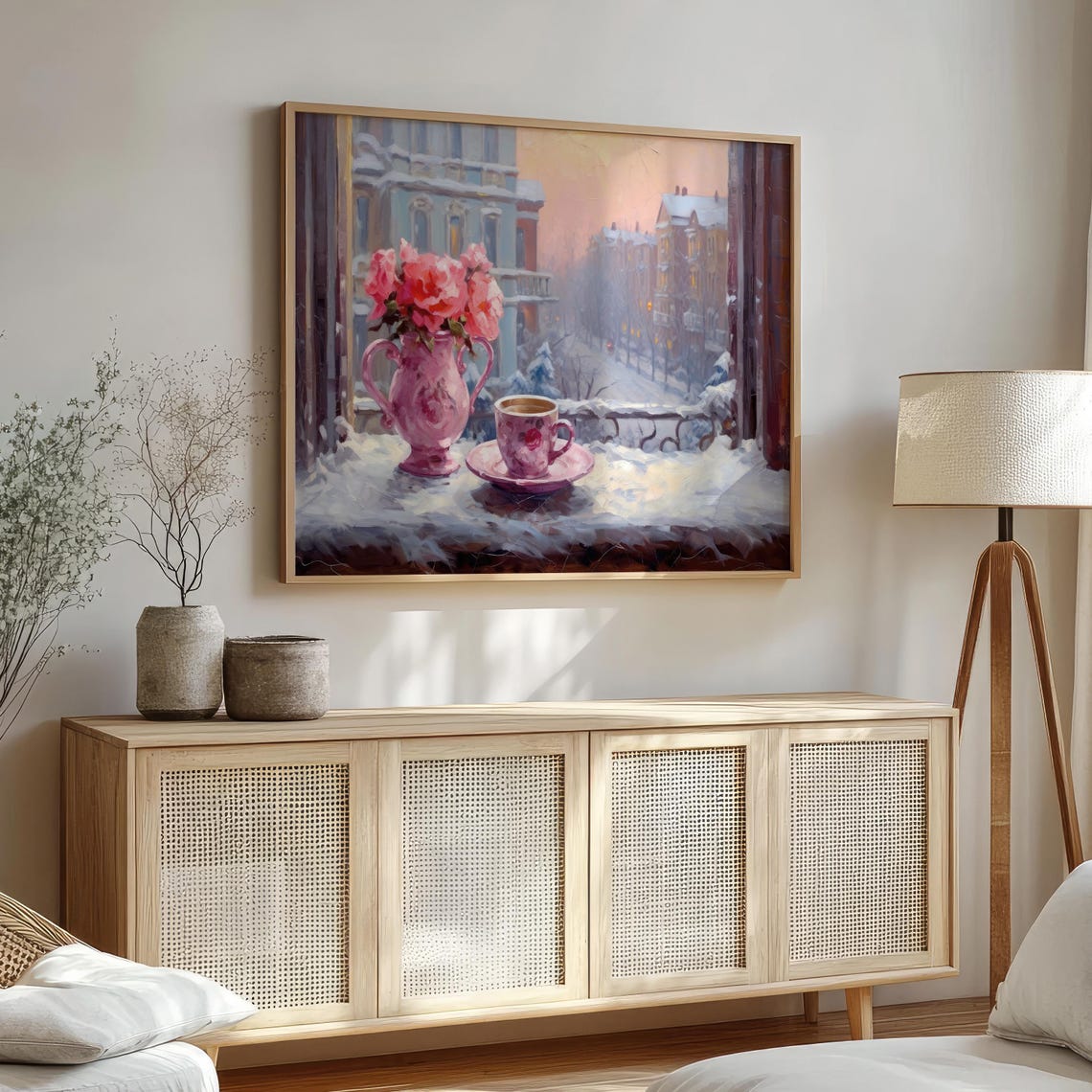 Pink Roses And Tea Cup Snowy Window View Winter Wall Art Poster - Image 3