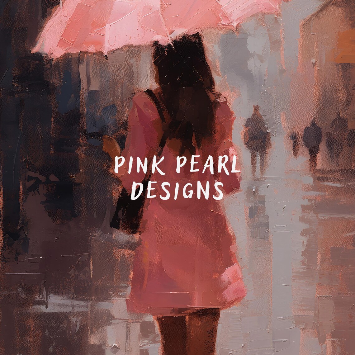 Woman Pink Umbrella Rainy City Street Painting Wall Art Print - Image 8